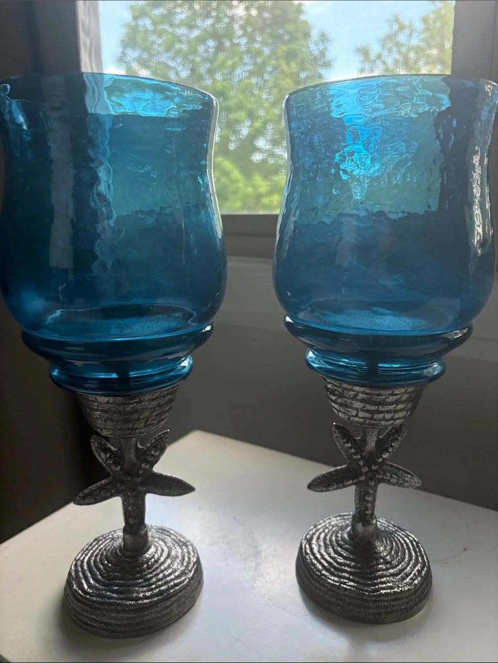Pier 1 Pair of Ocean Blue Glass Hurricane Starfish Cast Metal Candle Holders